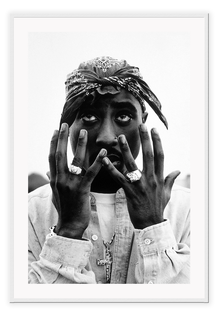 Black and white celebrity portrait of Tupac bandana hands rings necklace rapper print