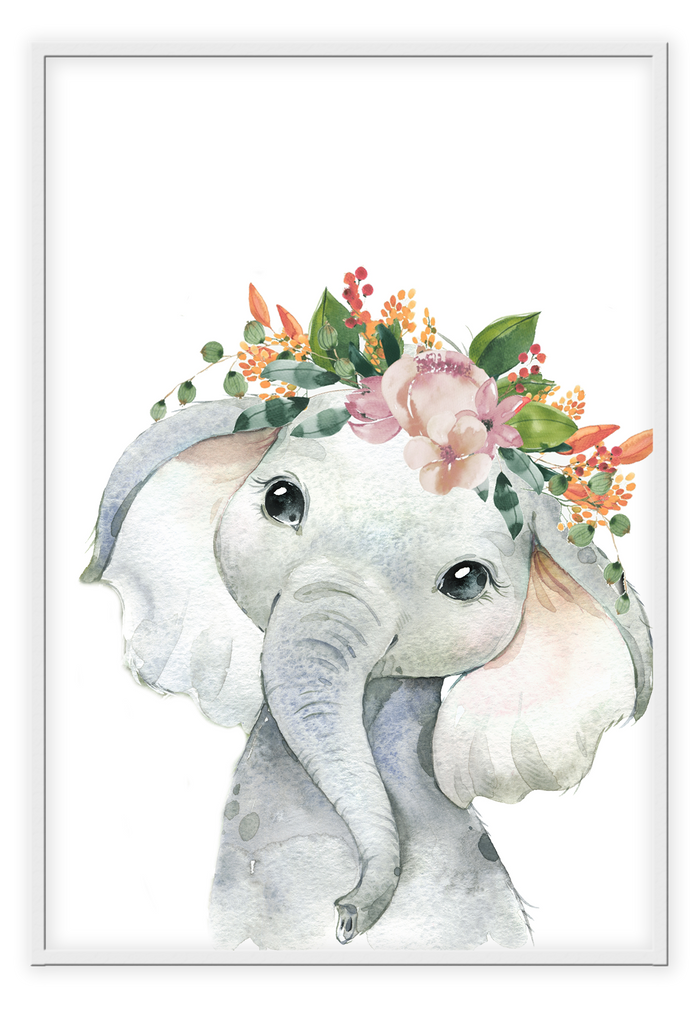 Kids nursery print with a watercolour baby elephant wearing a flower crown on a white background. 