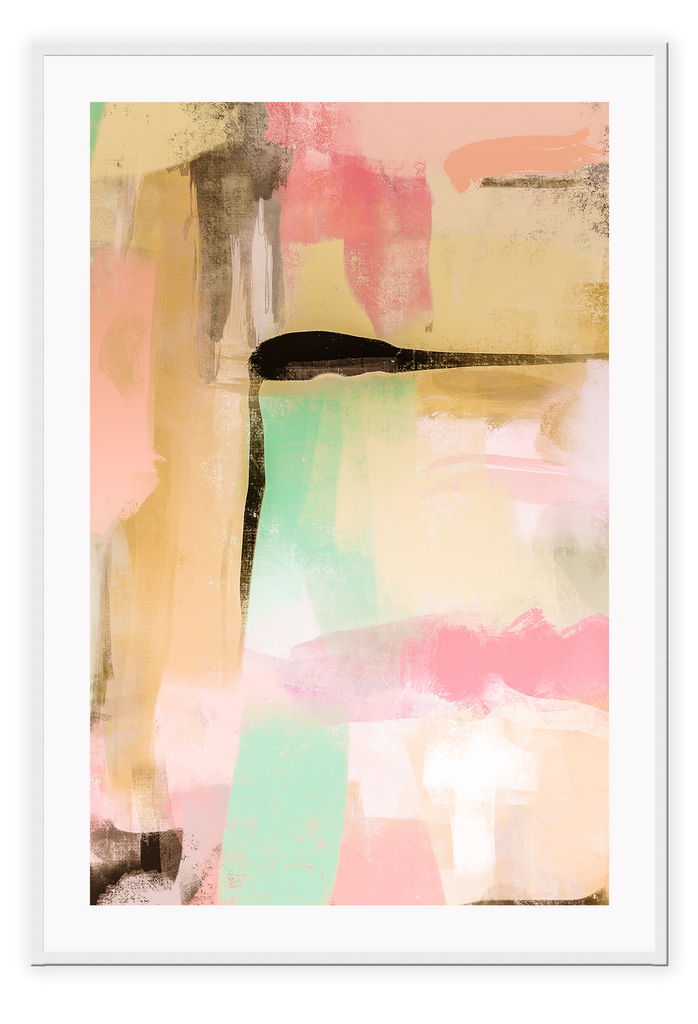 Abstract print portrait landscape pink teal black beige white paintstrokes modern style
