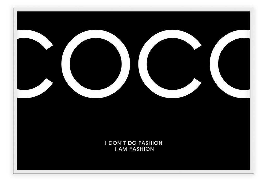 Fashion typography print with white text and black background chanel inspired coco 