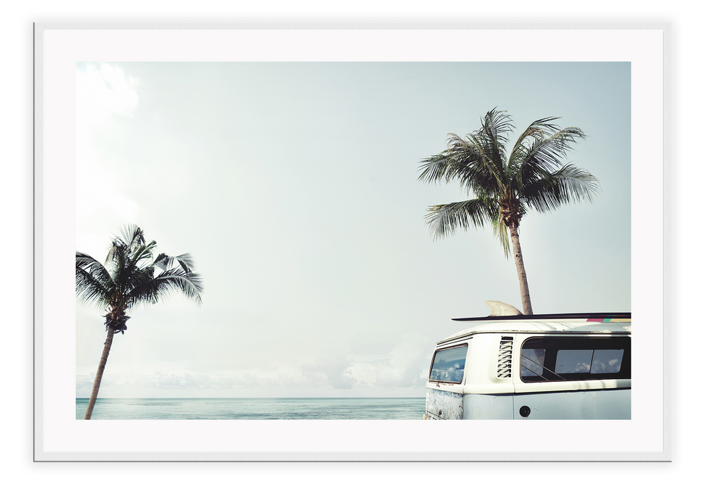 Landscape photography print with blue tones, palm trees combi van and cloudy sky 