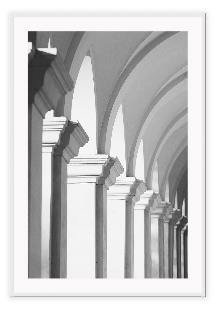 A classic architecture wall art with grand European arches in black and white.