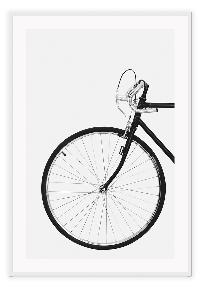 A black and white wall art with a scandi bike white background