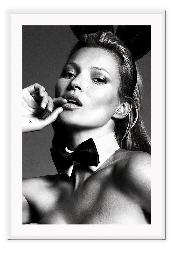 Kate Moss celebrity iconic model black and white hugh heffner rabbit sexy lingerie bow tie