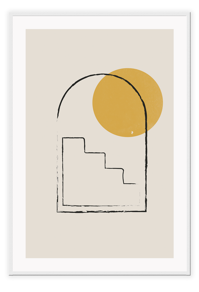 Beige background black outline archway and stairs with yellow circle abstract minimal scandi 