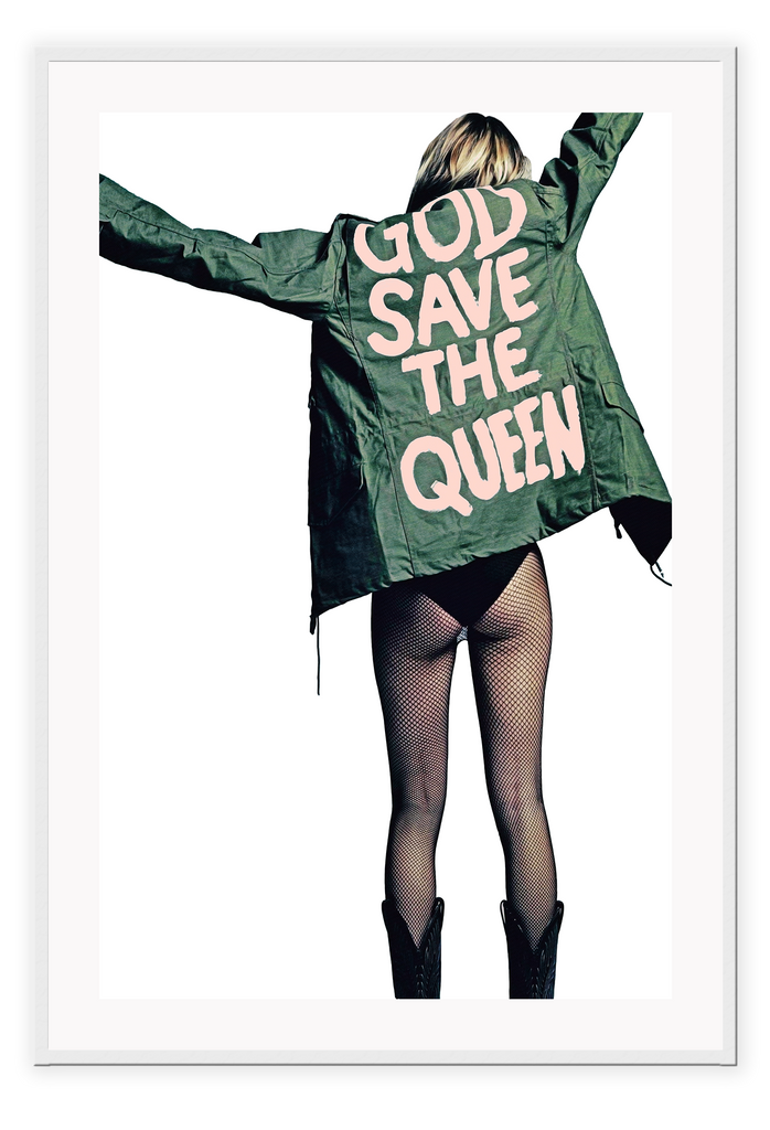A fashion wall art with the back of a sexy lady, half nude in translucent leggings, black boots, and a green jacket with pink writing God save the queen.