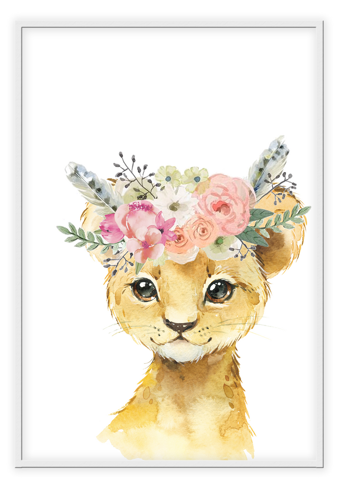 Kids nursery print with a watercolour baby lion wearing a flower crown on a white background. 