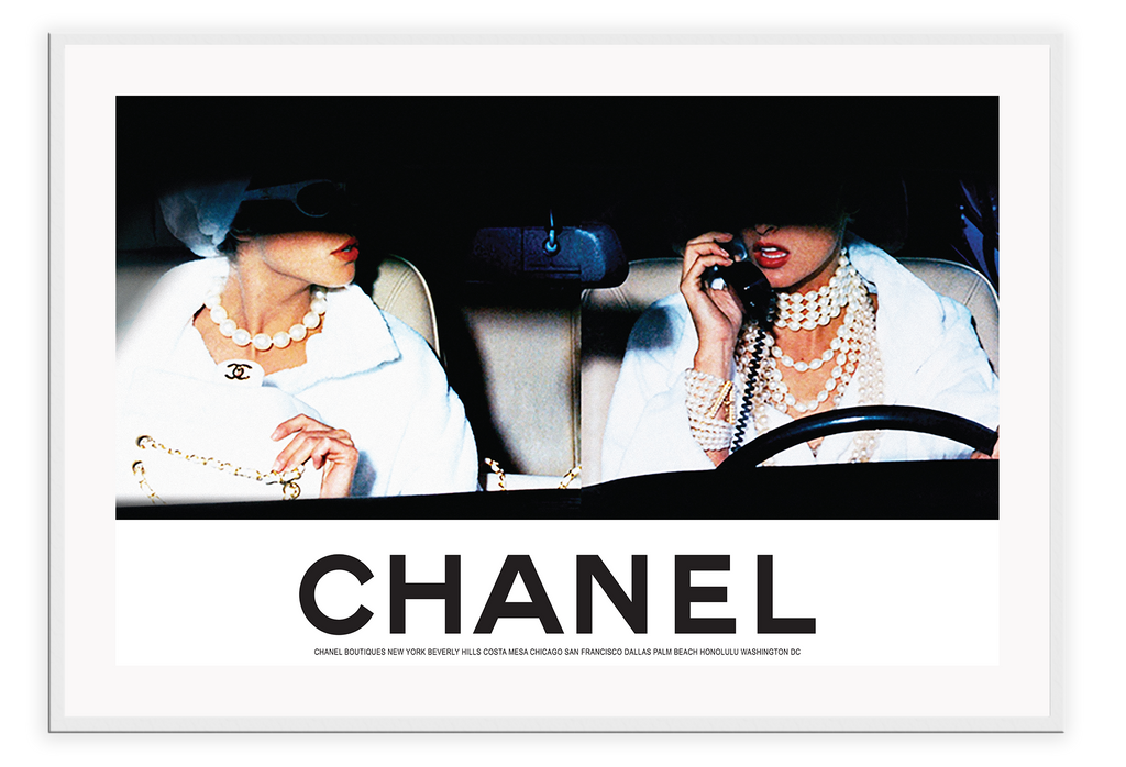 A vintage fashion photography wall art with 90s model Linda Evangelista in a car riding with chanel writing text  | Wall Art D≈Ωcor