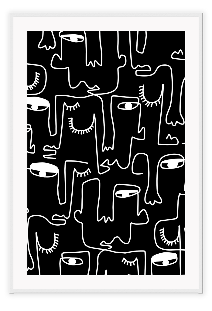 Black and white abstract line art print black background 