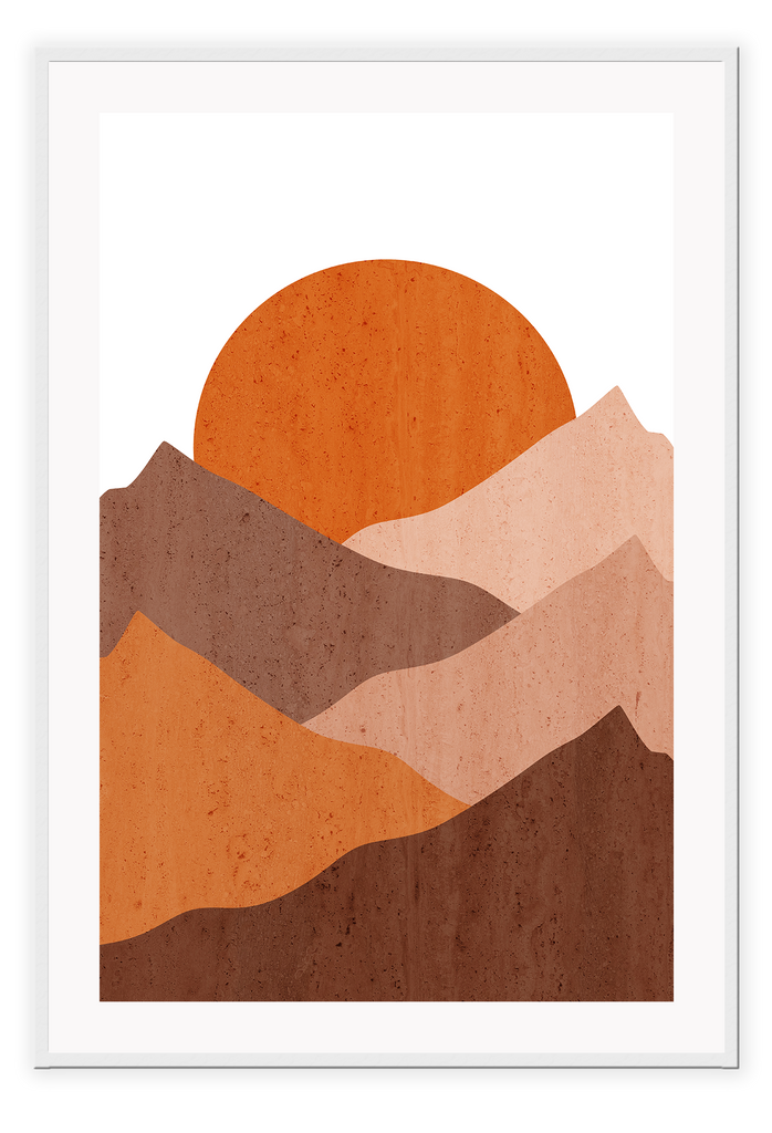 Portrait abstract print with orange and red tones mountain sun white background sunset print