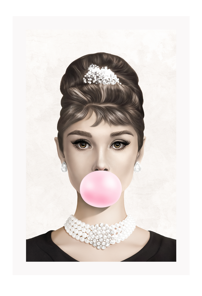 Audrey Hepburn fashion icon celebrity bubble bubblegum blowing pink black white colours 