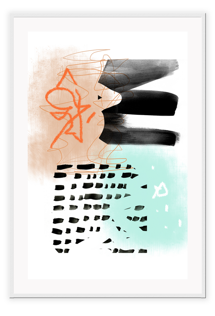 Graffiti style print with teal pink peach black orange white background random lines and shapes 