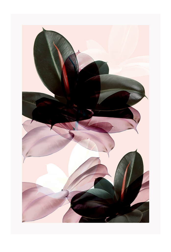 Natural print with leaves in pink and green on a light pink background 