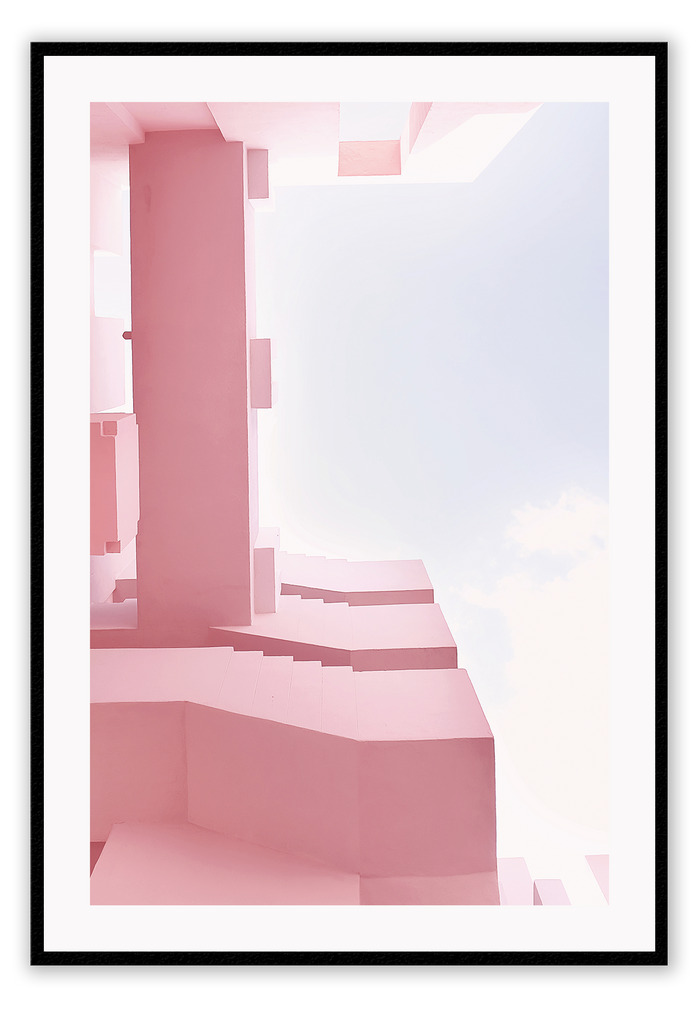 Pink architechture print with pastel tones urban style and blue sky with clouds