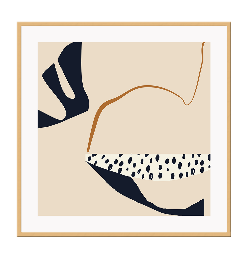 Abstract art print with rounded black shapes and dots and a squiggly rust line on a cream background.
