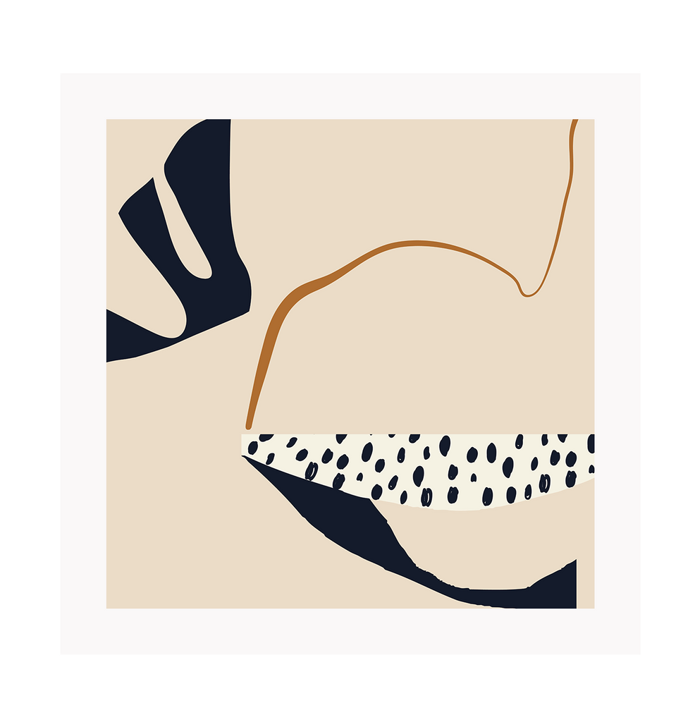 Abstract art print with rounded black shapes and dots and a squiggly rust line on a cream background.