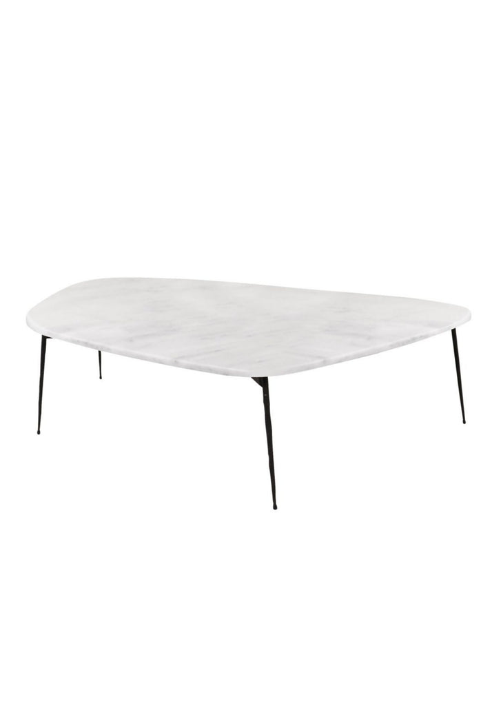 White Marble Pebble Shaped Coffee Table with Sleek Black Legs on a white background
