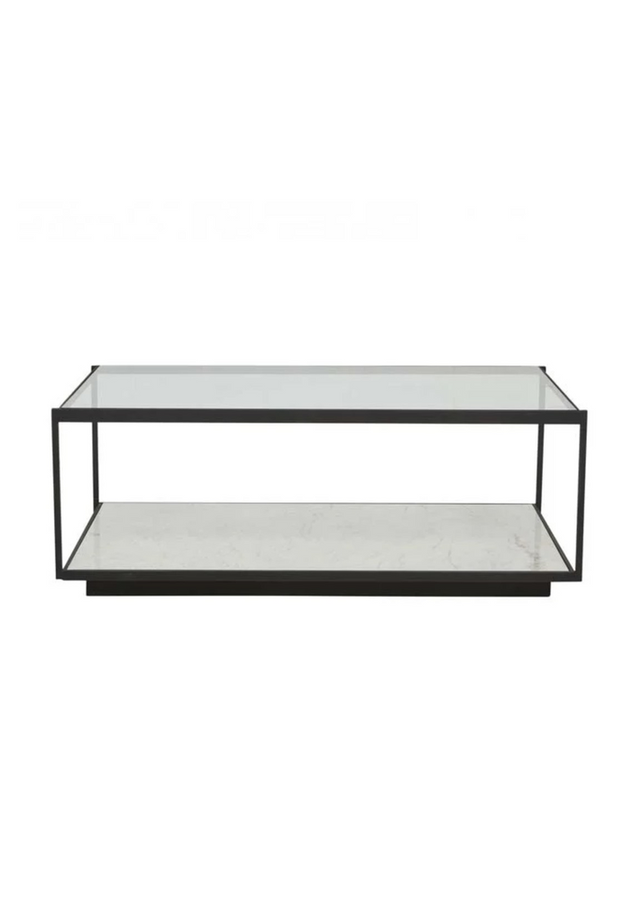 Modern rectangular coffee table with sharp edges and a black metal frame, a glass top and a white marble bottom shelf
