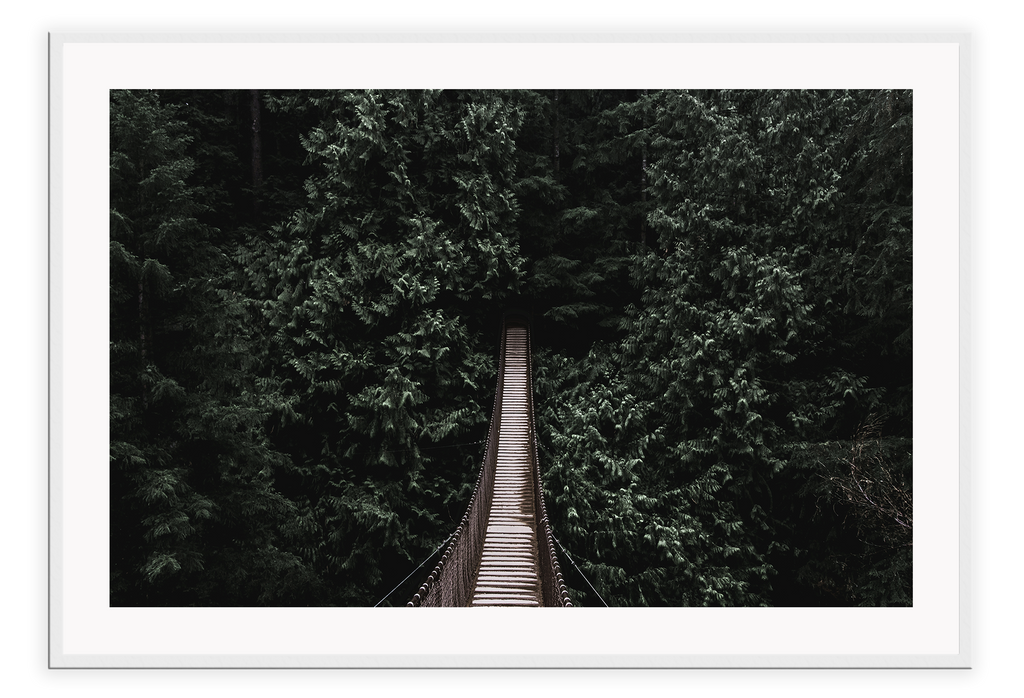 Minimal zen print with bridge and forest green and natural tones landscape 
