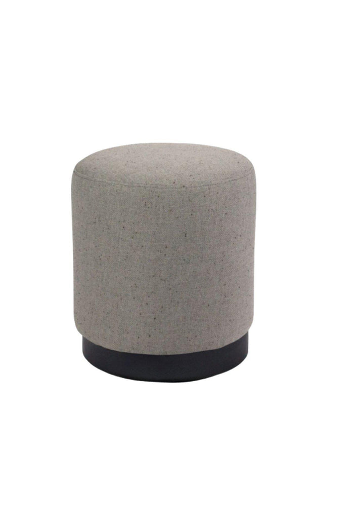 Small round ottoman fully upholstered in a light grey textured fabric with a black powder-coated metal base