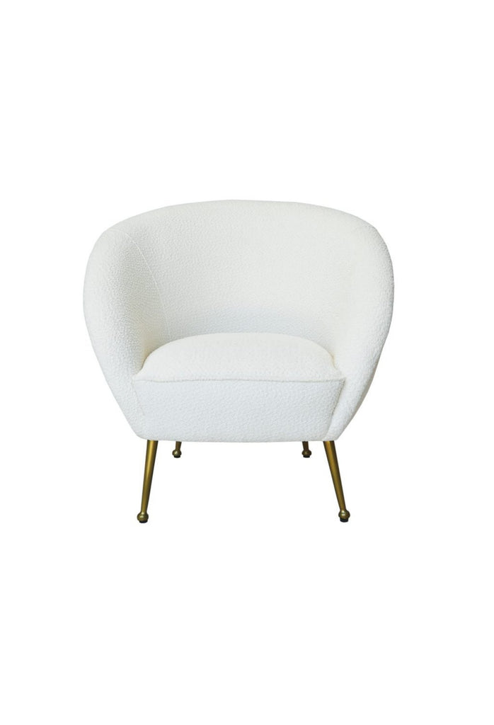 White Ivory Boucle Tub-Style Armchair with a Generous Curved Back Rest and Brushed Antique Gold Legs on a White Background