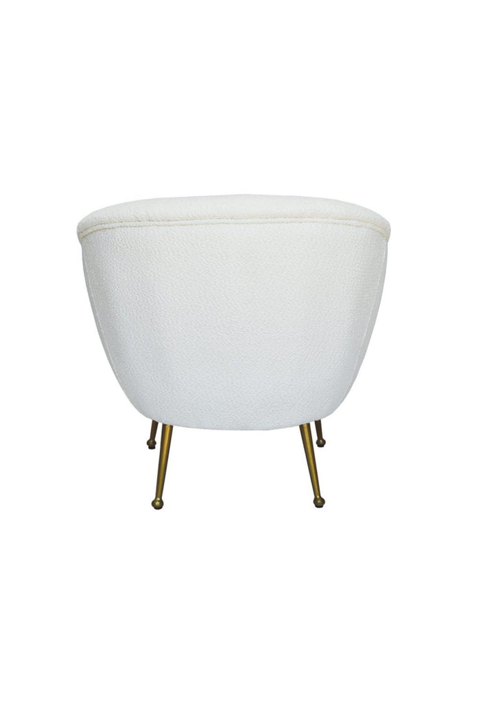 White Ivory Boucle Tub-Style Armchair with a Generous Curved Back Rest and Brushed Antique Gold Legs on a White Background