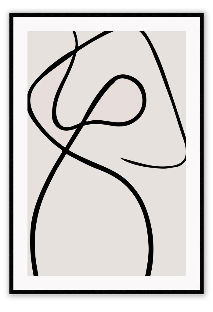 Minimal abstract line art woman figure black squiggle bedroom with beige background 