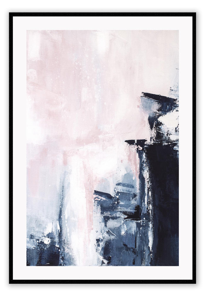 Abstract modern art print portrait landscape with navy blue pink and white brustrokes overlapping on a white background.