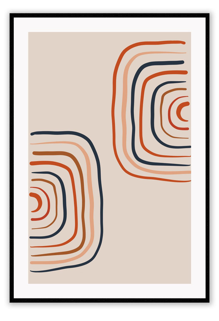 Abstract line art print with red blue and beige colours on plain background in curved shapes 