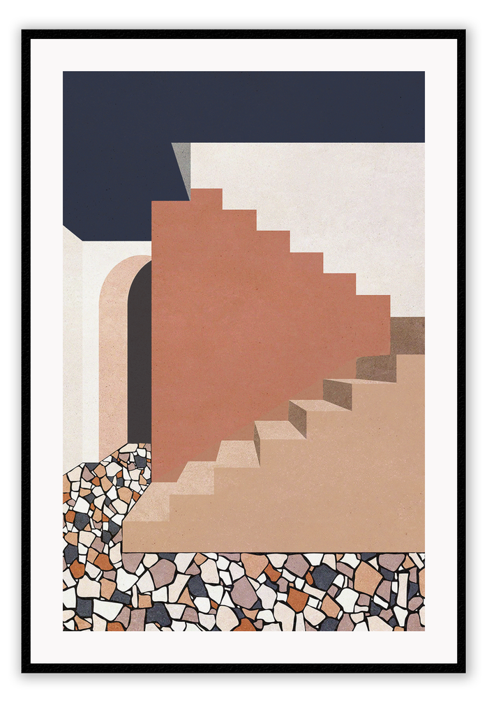 Geometric stairs in tan and teracotta tones with stone floors with navy cream colours. 