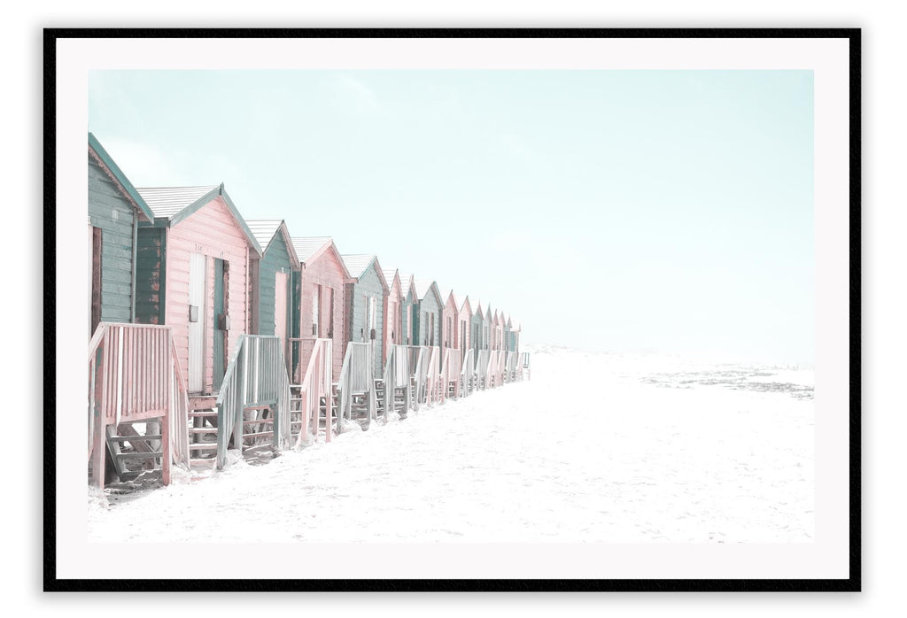 Pastel tones beach boho holiday landscape print with blue sky and pink highlights coastal 