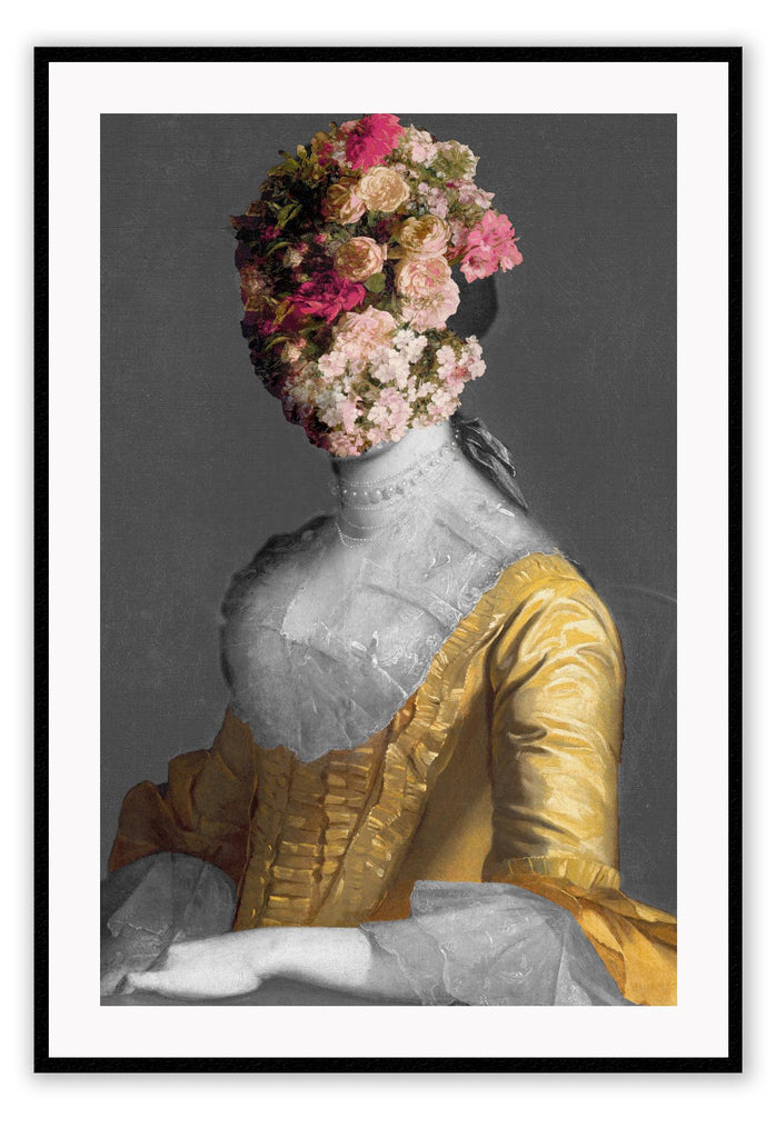 A vintage wall art with oil painting of a middle class lady and flowers on her head