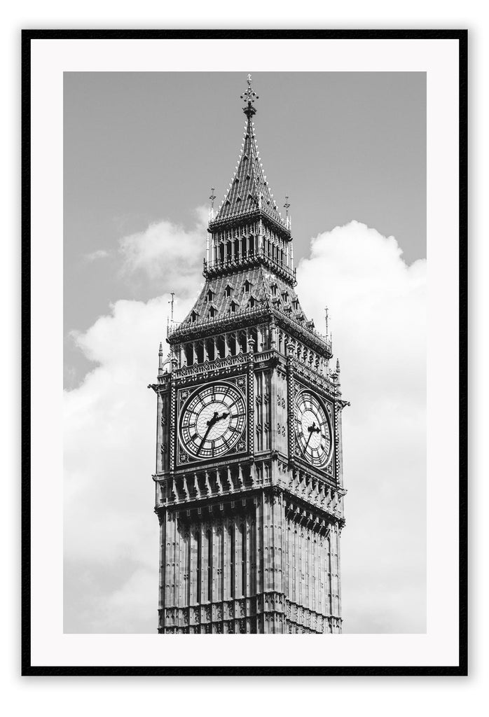A black and white urban wall art with classic architecture Big Ben in London. 
