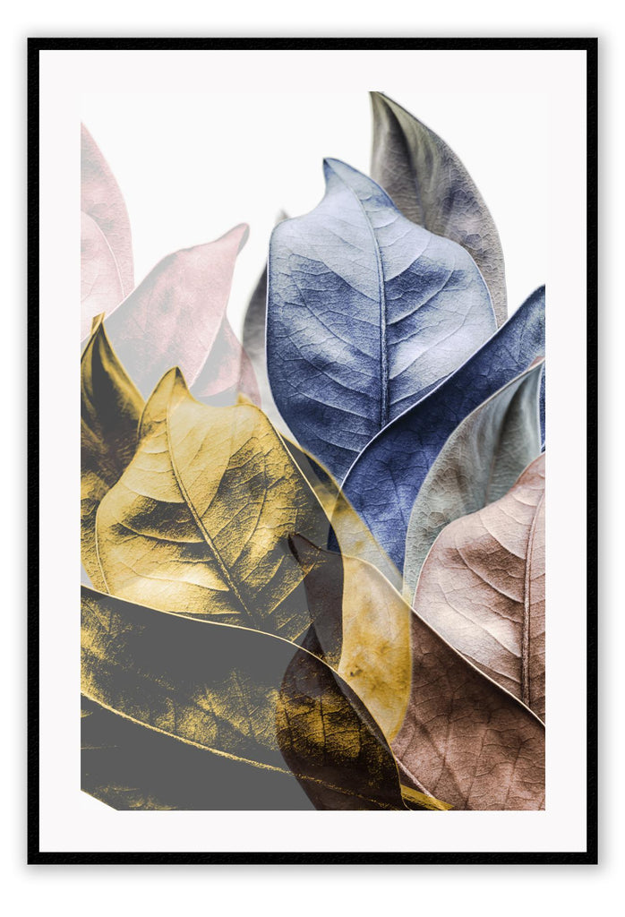 A natural print with botanical plant leaves with blue yellow pink grey on white background 