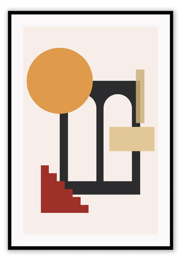 Abstract portrait of archways, circle and geometric shapes in autumn colours, minimalistic with beige background  