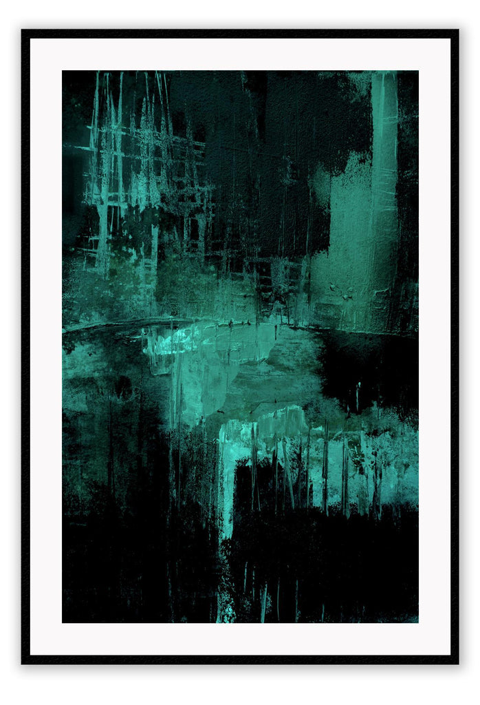 Emerald green abstract print with black background and silver tones in minimal moody style 