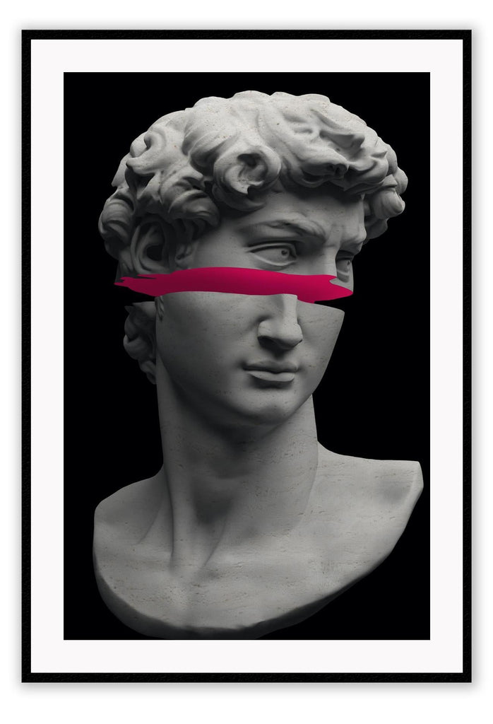 David print michaelangelo modern portrait of sculpture with pink cut in face 