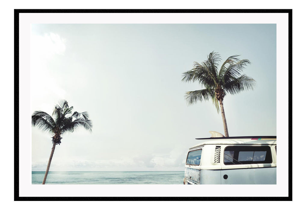 Landscape photography print with blue tones, palm trees combi van and cloudy sky 