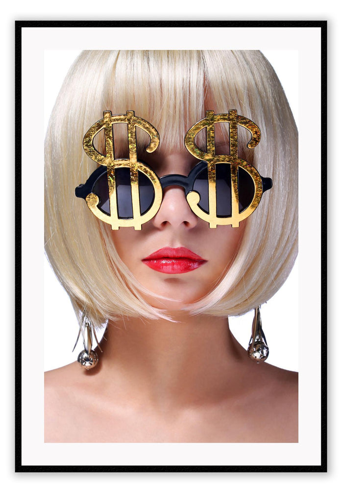 Portrait photo of woman lady with pink lips and blonde hair on white background with gold dollar sign sunglasses