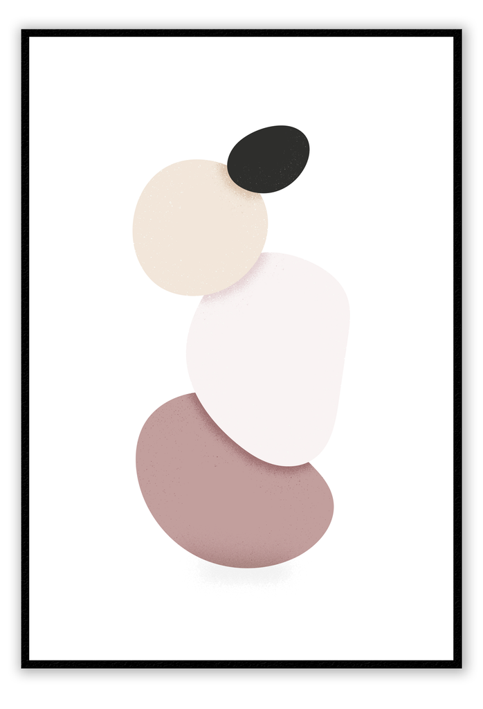 Minimal abstract print with stacked blush and black circles on a white background 