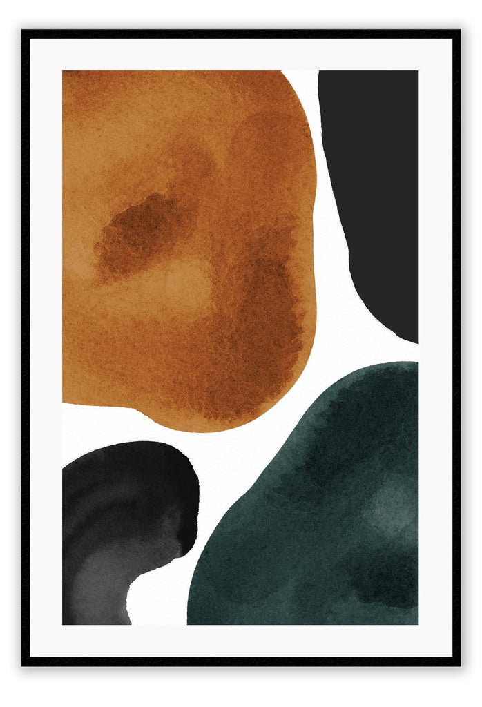 Abstract modern art print featuring rust, emerald and black watercolour shapes on a white background.