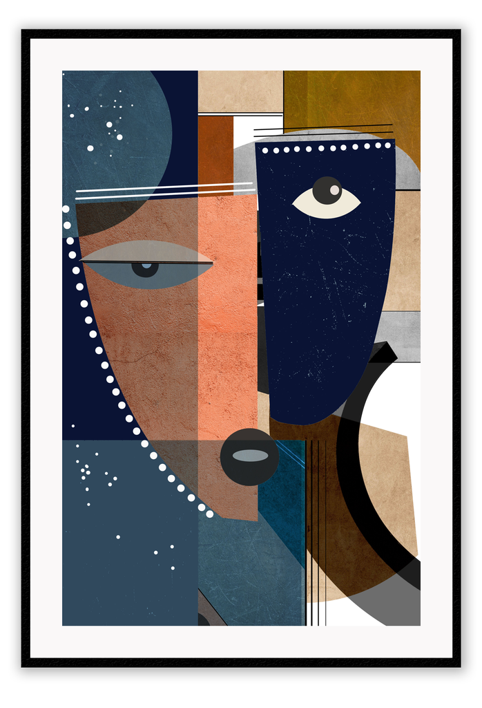 Abstract style print with chunky blue and rust shapes complemented by round shapes and lines creating the illusion of a face