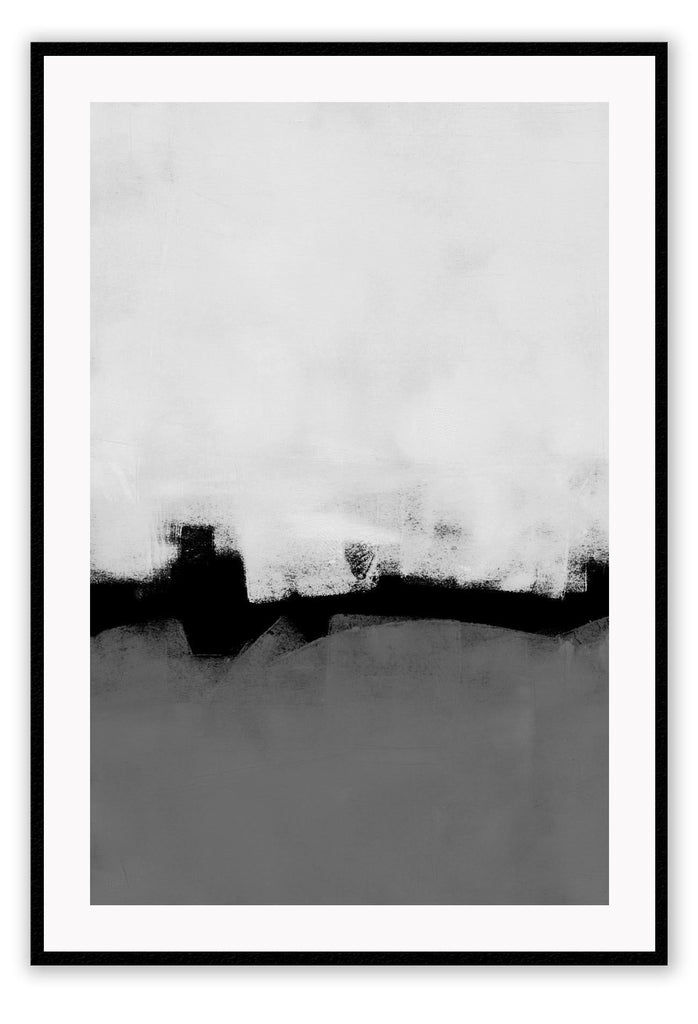 Abstract modern minimalistic print with grey and white painted textures seperated by a black line.