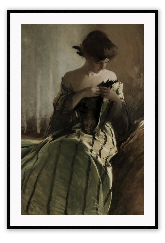 Vintage style painting print with a woman in a black and white striped corseted dress in a dark room on a grey background.