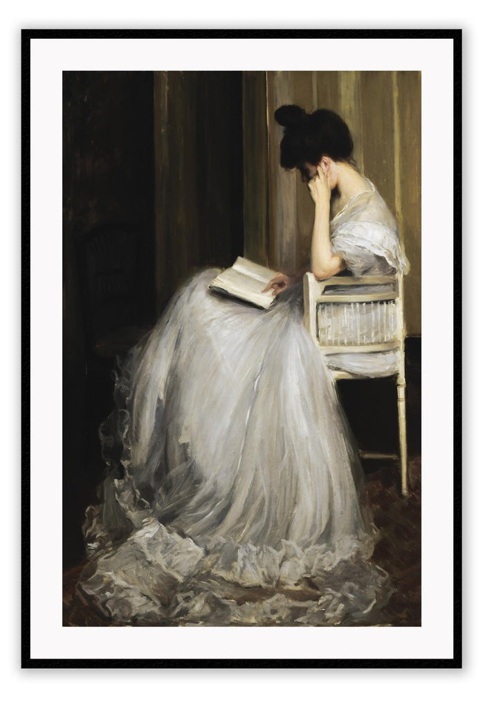 Vintage style painting print with a woman in a white dress reading a book in a chair in a dark room.