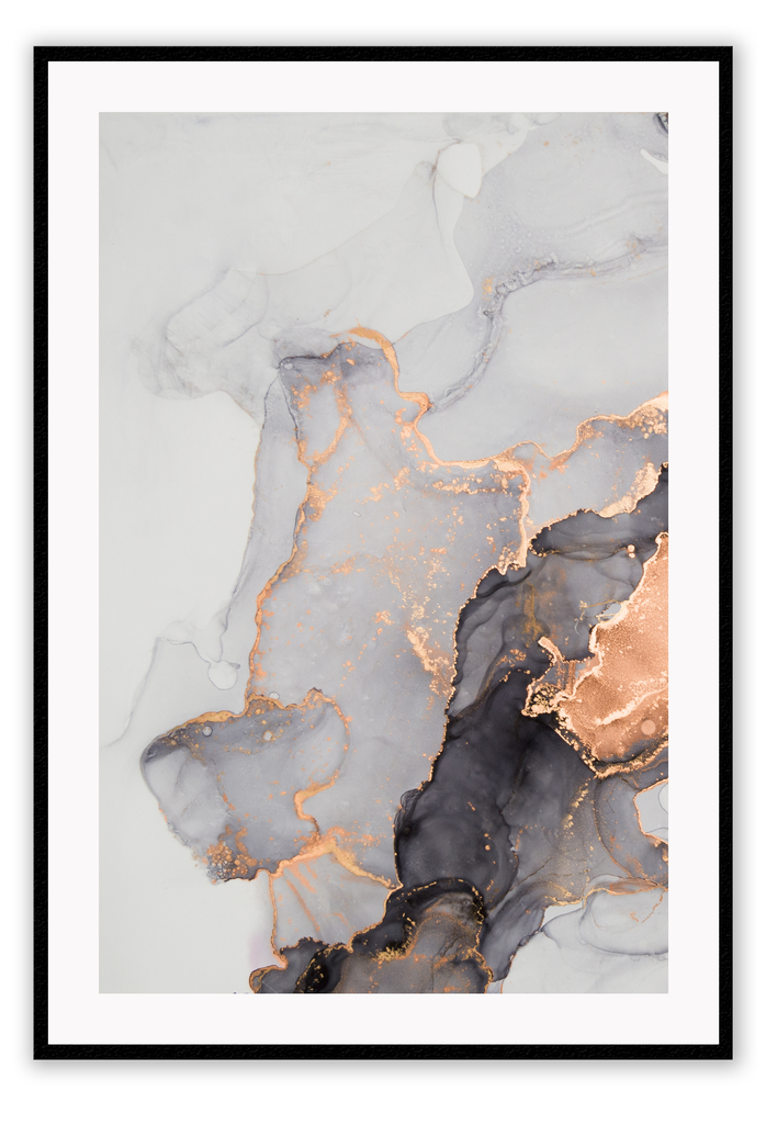 Modern art print featuring a marble-like texture in grey, black and white tones with a gold vein running through.