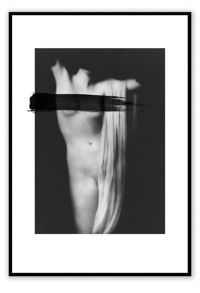 Black and white print with a nude female torso in the middle, her breasts covered by a black brushstroke on black background.