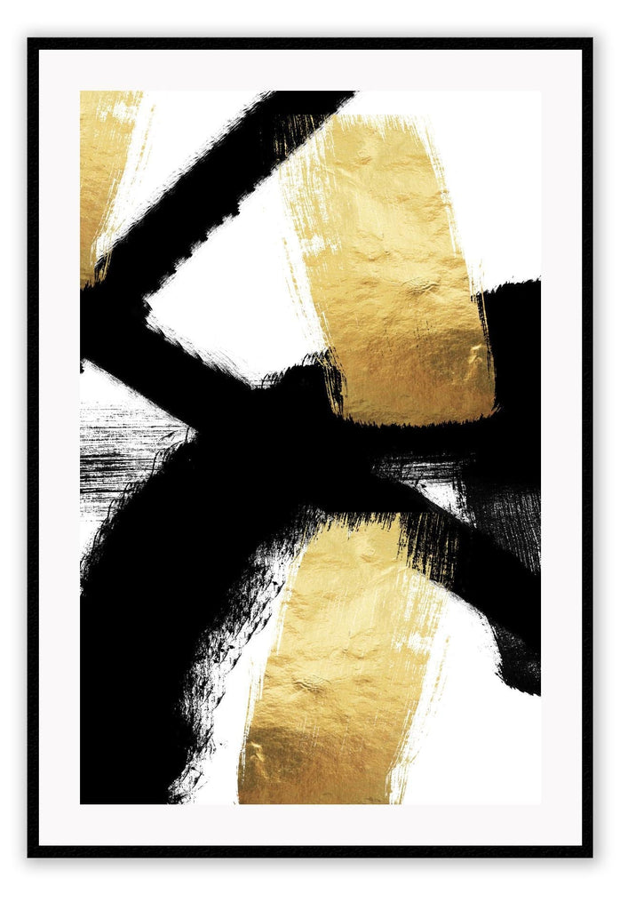 Abstract modern print with black and gold thick paint strokes on a white background.
