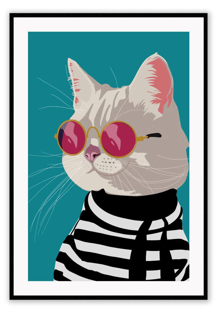 Cartoon style animated print with a white cat in a black and white striped jumper wearing pink round sunglasses on a teal background.