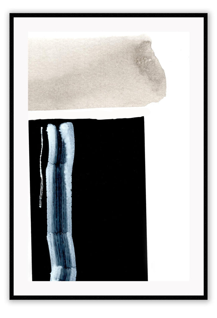 Modern abstract art print featuring a black rectangle and white brushstrokes on top and a grey watercolour stroke beside.